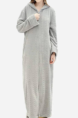 Stylish flannel nightgown with hood and zipper, soft thick fabric, cozy and warm design.