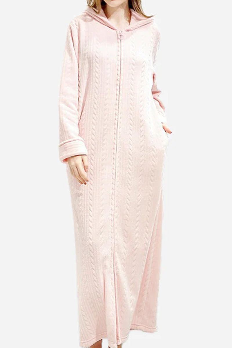Stylish flannel nightgown in soft pink with hood and zipper, cozy and warm design.