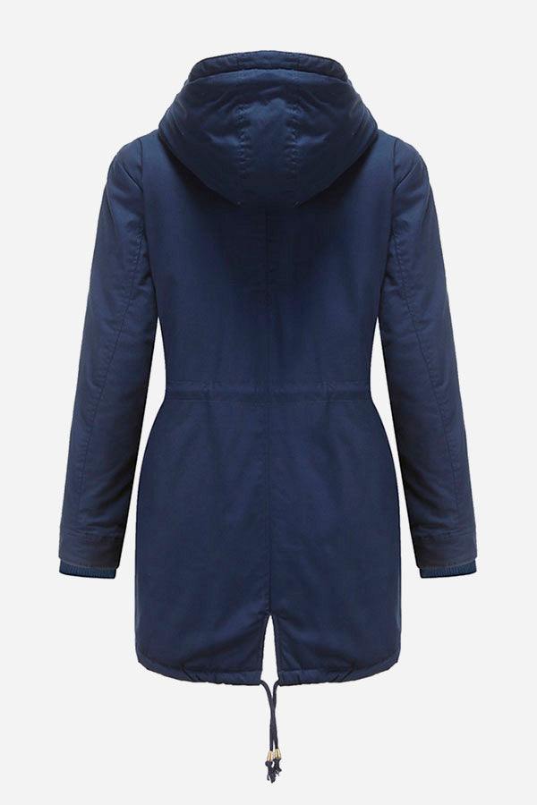 Rear view of extra comfortable cotton parka coat in navy blue with hood and adjustable back hem