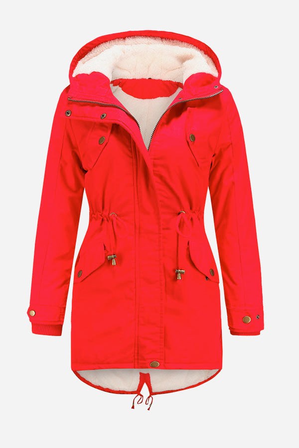 Red extra comfortable cotton parka coat with fluffy lined hood and metal zipper