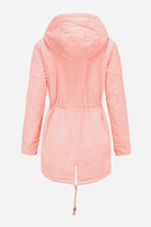 Back view of extra comfortable cotton parka coat in pink with hood and adjustable waist drawstring