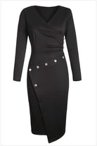 Black stylish button pencil dress with v-neck and asymmetrical waist design