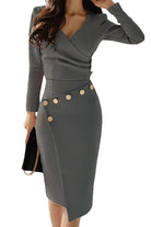 Stylish button pencil dress with v-neck, asymmetrical waist, gold buttons, and high-stretch fabric in gray.