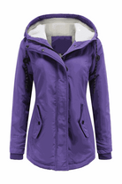 Purple casual hooded velvet coat with adjustable hood, hidden rib cuffs, water-resistant surface, and multiple pockets.