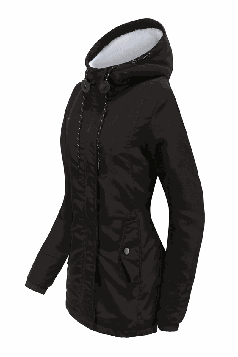 Black casual hooded velvet coat with adjustable hood, water-resistant surface, elastic rib cuffs, and multiple pockets for outdoor comfort and style