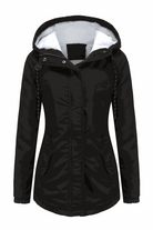 Black casual hooded velvet coat with adjustable rope, water-resistant surface, and hidden pockets.
