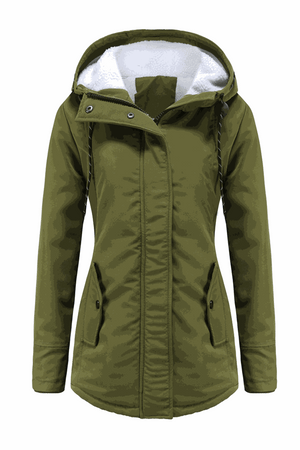 Olive green casual hooded velvet coat with windproof adjustable hood, water-resistant surface, hidden elastic rib cuffs, and multiple pockets.
