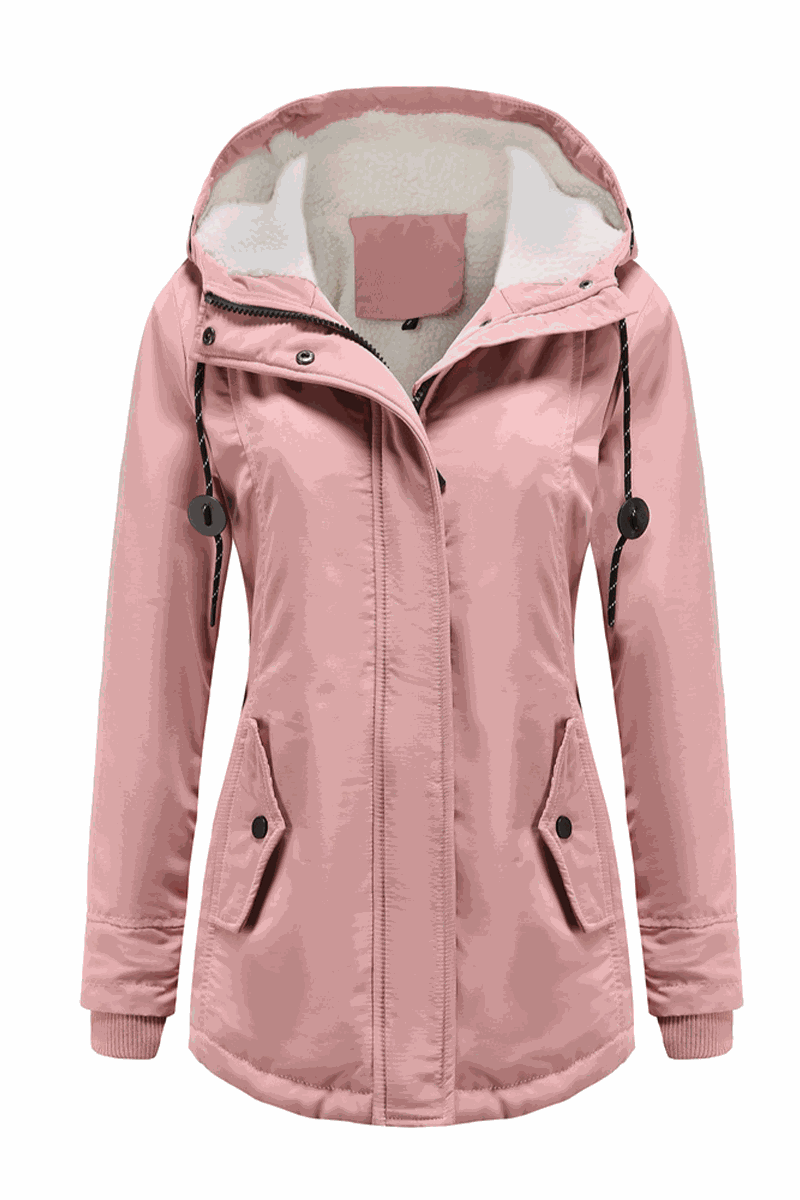 Pink casual hooded velvet coat with adjustable drawstrings, side pockets, and hidden rib cuffs for warmth and wind protection.