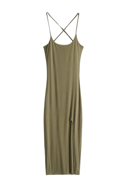 Elegant side slit midi dress in olive green with thin crisscross straps and a flattering silhouette.