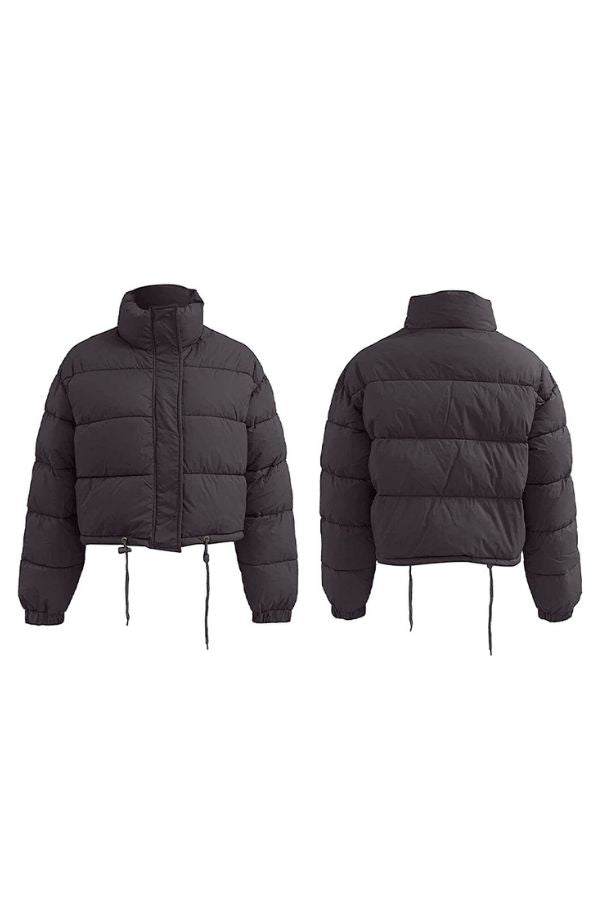 Black sleek cropped puffer jacket front and back view with high collar and adjustable drawstrings