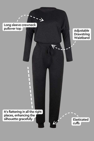 Cozy Chic Two-Piece Sweatsuit set with long sleeve crewneck top and adjustable drawstring waistband pants in black