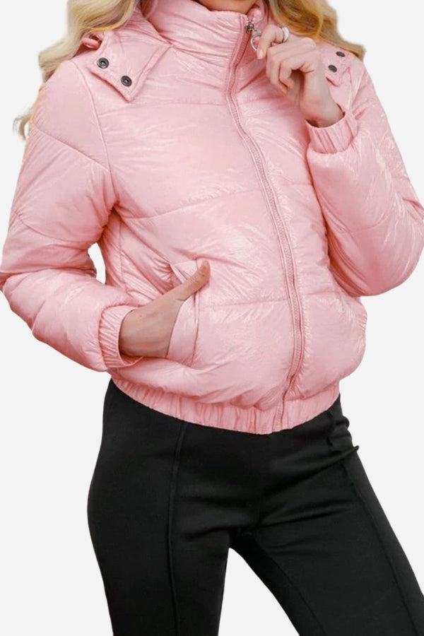 Slim fit pink Reflective Anti-Splash Puffer Jacket with undetachable hood and hand pockets for winter warmth and water resistance