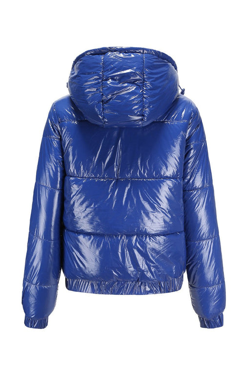 Back view of a blue reflective anti-splash puffer jacket with hood and slim fit design