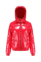 Red reflective anti-splash puffer jacket with slim fit and undetachable hood