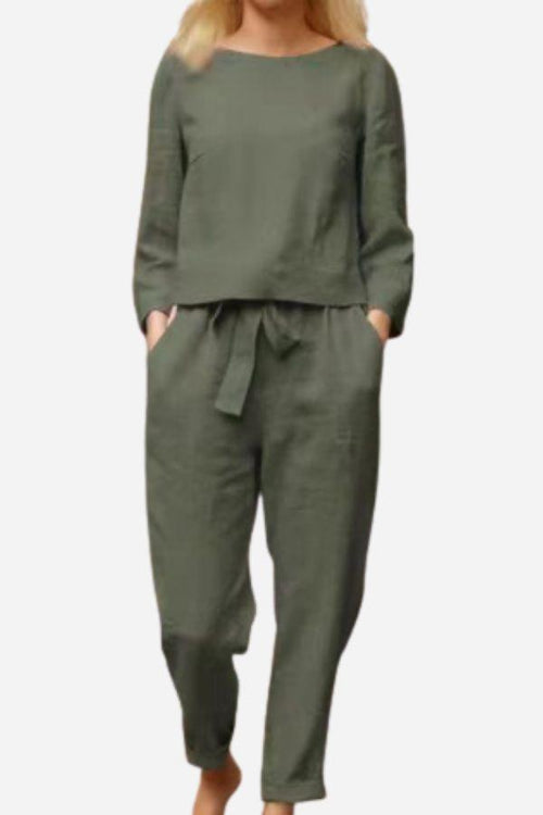 Retro Monochrome Linen two-piece set with breathable cotton linen fabric in olive green, featuring a long-sleeve top and drawstring pants.