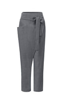 Gray high-waist wrapped pants with side pocket and tie belt detail, breathable and stretch fabric for comfort