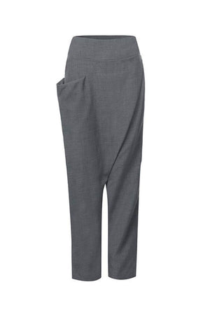 Gray high-waist wrapped pants with loose fit and side pocket for comfort and style