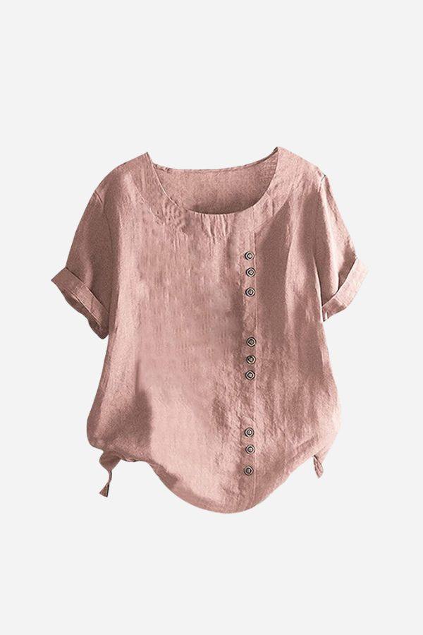 Relaxed Fit Linen Button-Up Tee in muted pink with short sleeves and button detail.