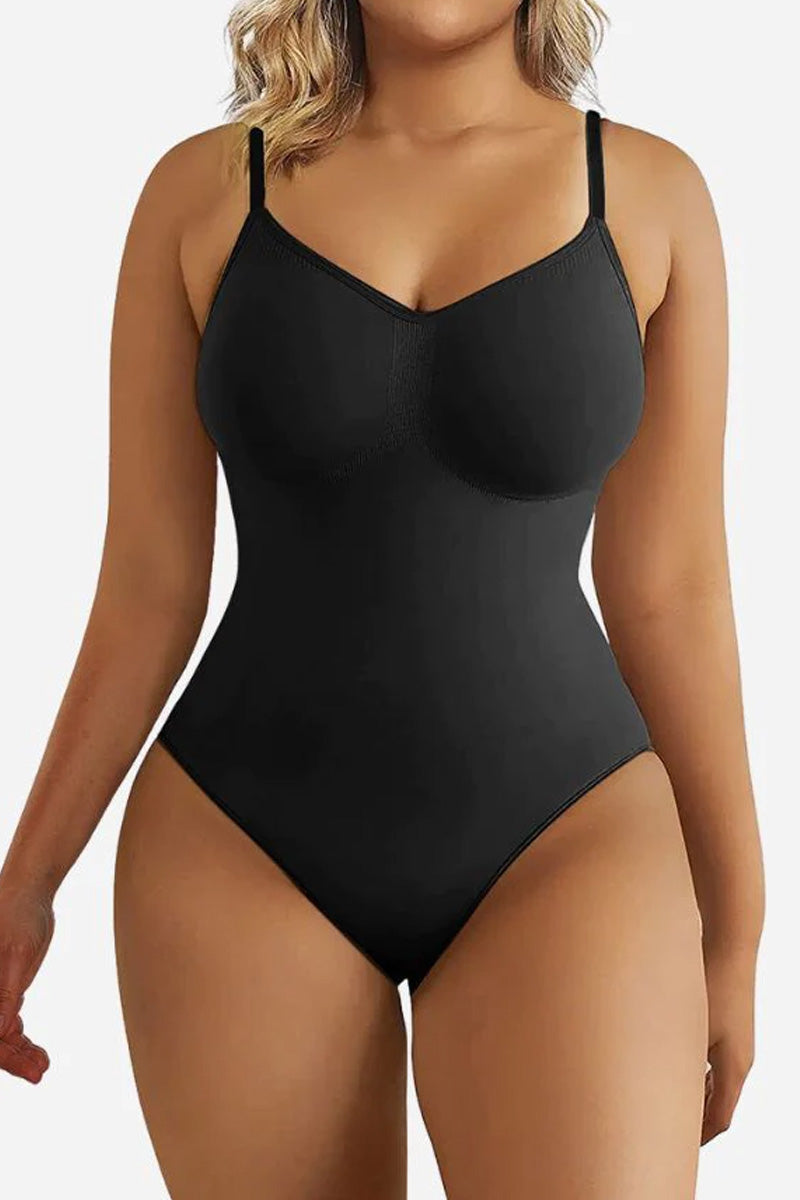Black seamless TummyToning Bodysuit with adjustable straps for tummy control and chest lift