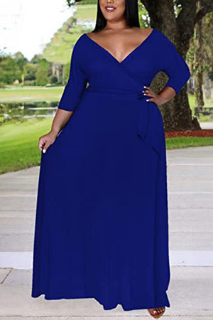 Elegant plus size blue dress with deep V-neck and belt, 3/4 sleeves, swing skirt for comfortable fit and versatile style