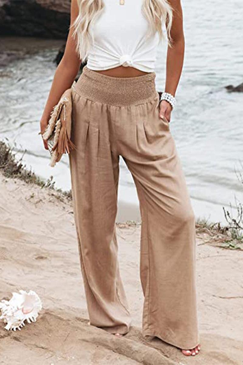 Women's high-waist cotton linen palazzo pants in beige with a smocked waistband and wide-leg design
