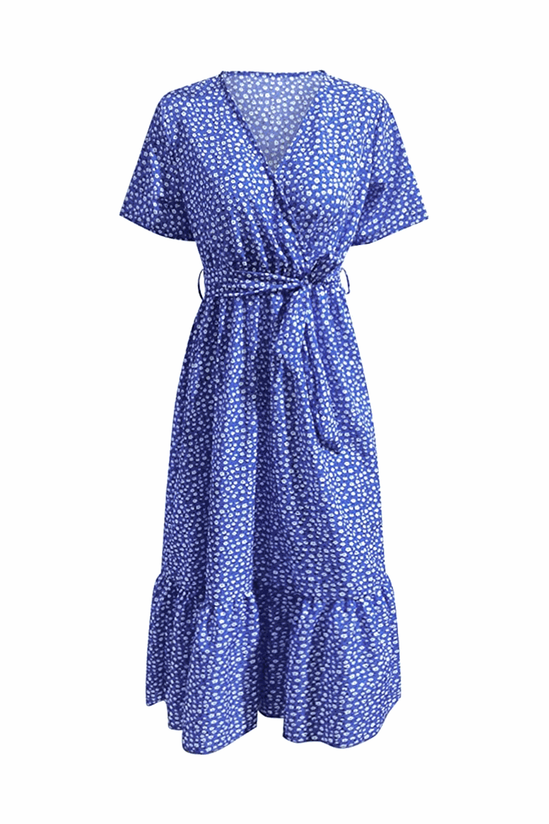 Charming floral boho maxi dress with wrap V-neck, belted waist, ruffle hem, short sleeves, and blue floral print.