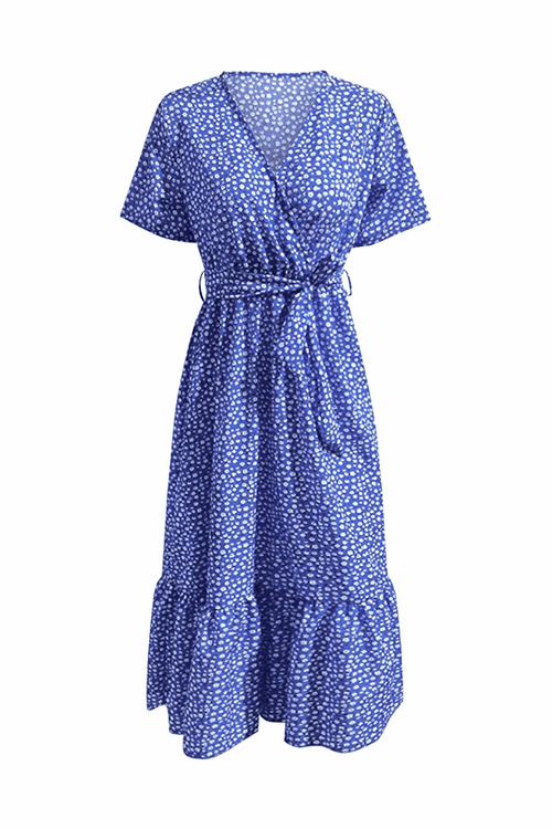 Charming floral boho maxi dress with wrap V-neck, belted waist, ruffle hem, short sleeves, and blue floral print.