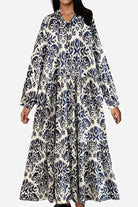 Blue floral lantern sleeves midi dress with loose fit and button-up front design