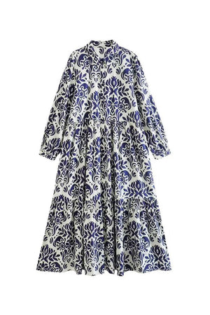 Blue floral lantern sleeves midi dress with loose fit and button-up front design