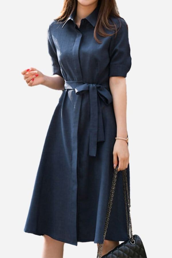 Navy Radiance Belted Shirt Dress with short sleeves and detachable waist belt in lightweight polyester fabric