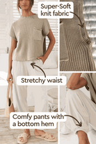 Comfy Couture Knit Sweater two-piece set with super-soft knit fabric, stretchy waist, and comfy pants with bottom hem