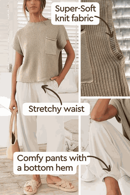 Comfy Couture Knit Sweater two-piece set with super-soft knit fabric, stretchy waist, and comfy pants with bottom hem.