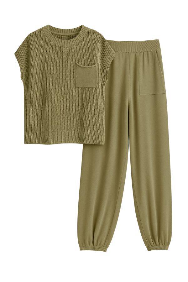 Comfy Couture Knit Sweater two-piece set in olive green with knit pullover top and high-waisted pants