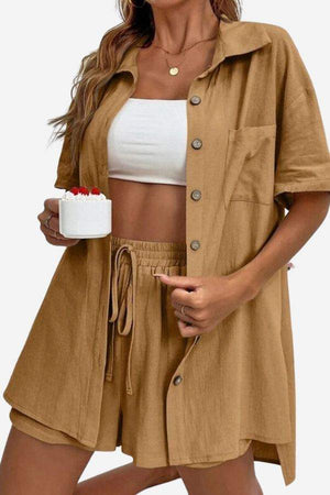 Sunny Day Vibrance two-piece cotton set with button-up shirt and drawstring shorts in apricot brown color