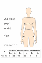 Measurement guide for Timeless Striped Two-Piece knitwear set with top, bottoms, and sleeves length in cm and inches.