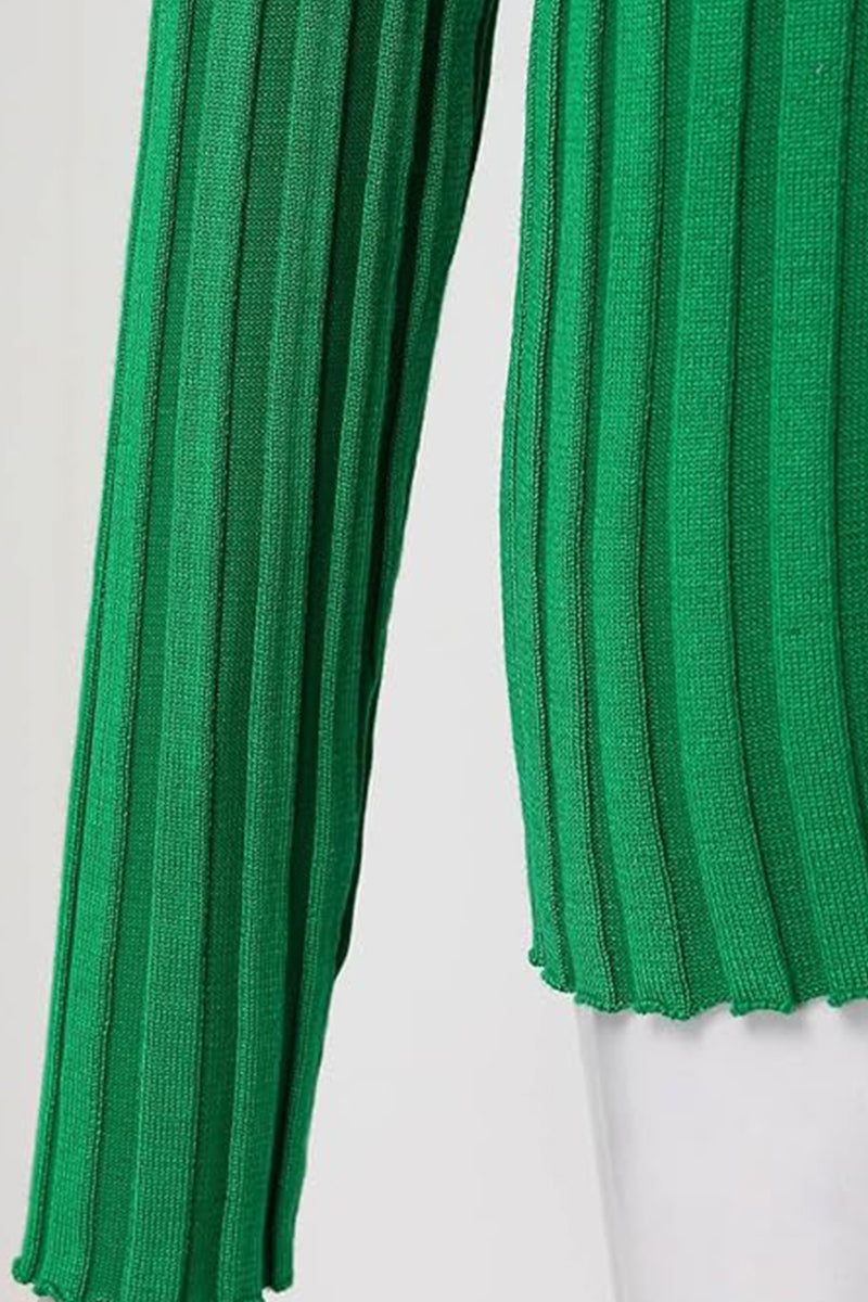 Close-up of green ribbed knit sleeve from Timeless Striped Two-Piece knitwear set