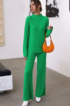 Timeless Striped Two-Piece green knitwear set with long sleeves and wide-leg pants for versatile, cozy fashion.