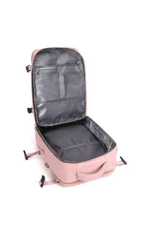 Open pink Chic Wanderlust Waterproof Backpack showing spacious interior and multiple compartments