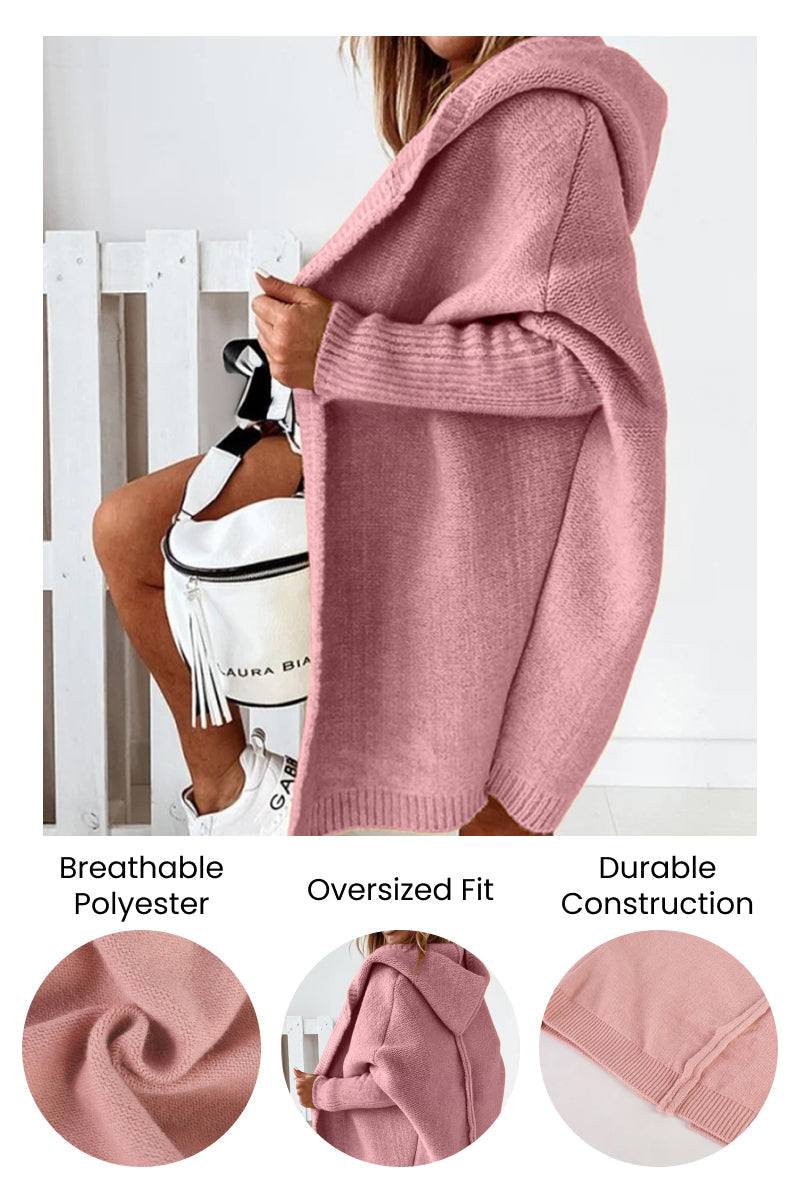 Warm oversized hooded cardigan in soft breathable polyester with durable construction and relaxed fit