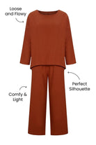 Everyday Fashion Loose-Fit two-piece matching set in rust color, loose and flowy top with comfy, lightweight fabric and perfect silhouette pants