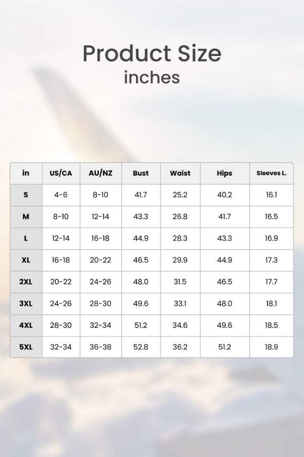 Everyday Fashion Loose-Fit two-piece matching set size chart with bust, waist, hips, and sleeve length measurements in inches for women.