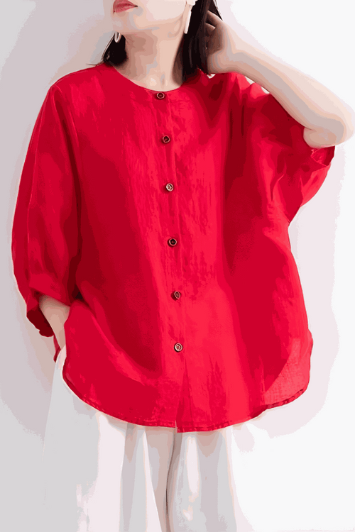 Relaxed loose breathable linen blouse in vibrant red with button-down front and three-quarter sleeves