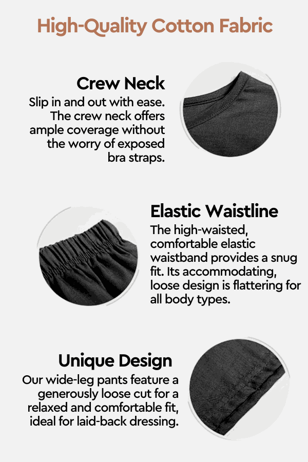 Comfy linen-like shirt and shorts two-piece set with crew neck, elastic waistline, and wide-leg loose design in breathable cotton fabric