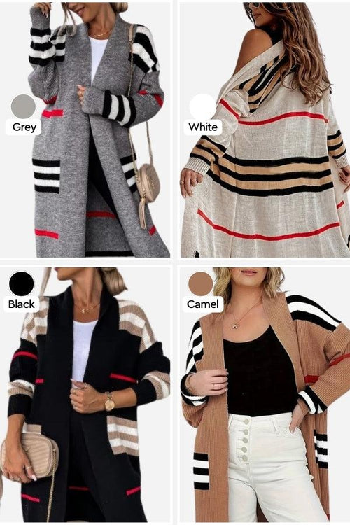 Cozy Striped Long knitted cardigan in grey, white, black, and camel with oversized fit and soft fabric for warm, stylish layering