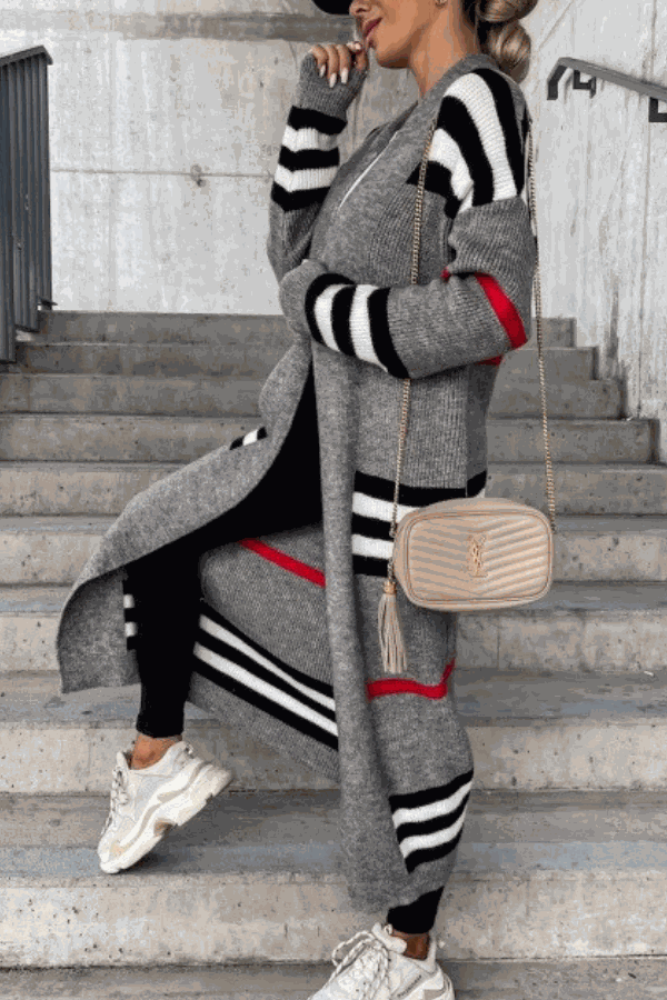 Cozy striped long knitted cardigan with oversized fit and soft fabric for stylish warmth