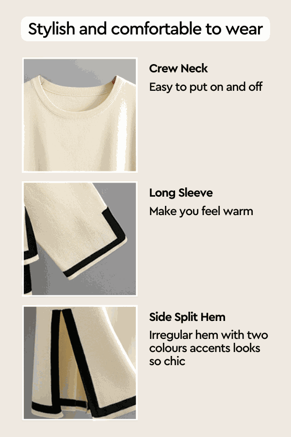 Long sleeved relaxed fit cream lounge set with crew neck, side split hem, and black trim accents