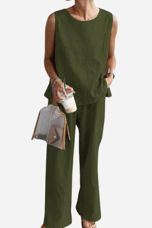 Loose solid color sleeveless two-piece set with oversized fit in olive green