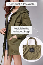 Travel ready outdoor raincoat windbreaker in olive green with compact packable bag for easy storage