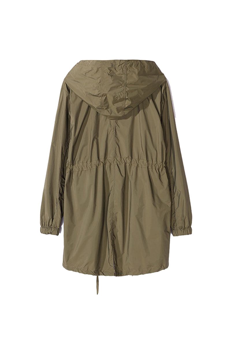Travel Ready Outdoor Raincoat with hood and elastic waist in olive green, lightweight and packable with storage bag.