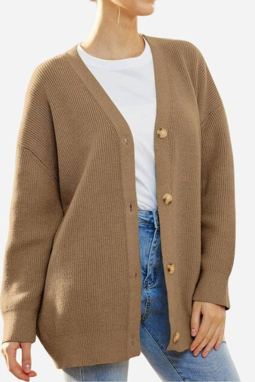 Relaxed fit oversized button-down knitwear cardigan in brown on model with white shirt and jeans
